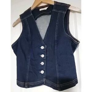 AVEC LES FILLES Dark Navy Denim Vest Chic Sexy Western Silver Buttons Size Small